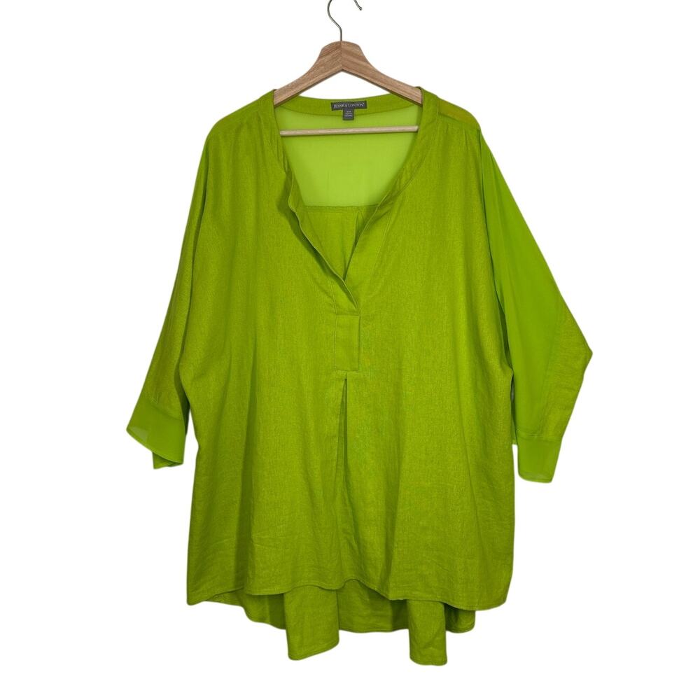 Jessica London Linen High Low Tunic Top 3/4 Sleeve Georgette Back Lime Green 3X